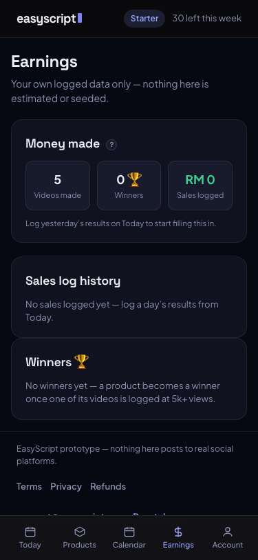 EasyScript Earnings screen showing videos made, winners, and sales logged