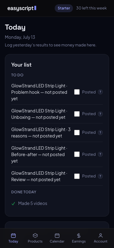 EasyScript Today screen showing a batch of 5 generated videos, ready to caption and download